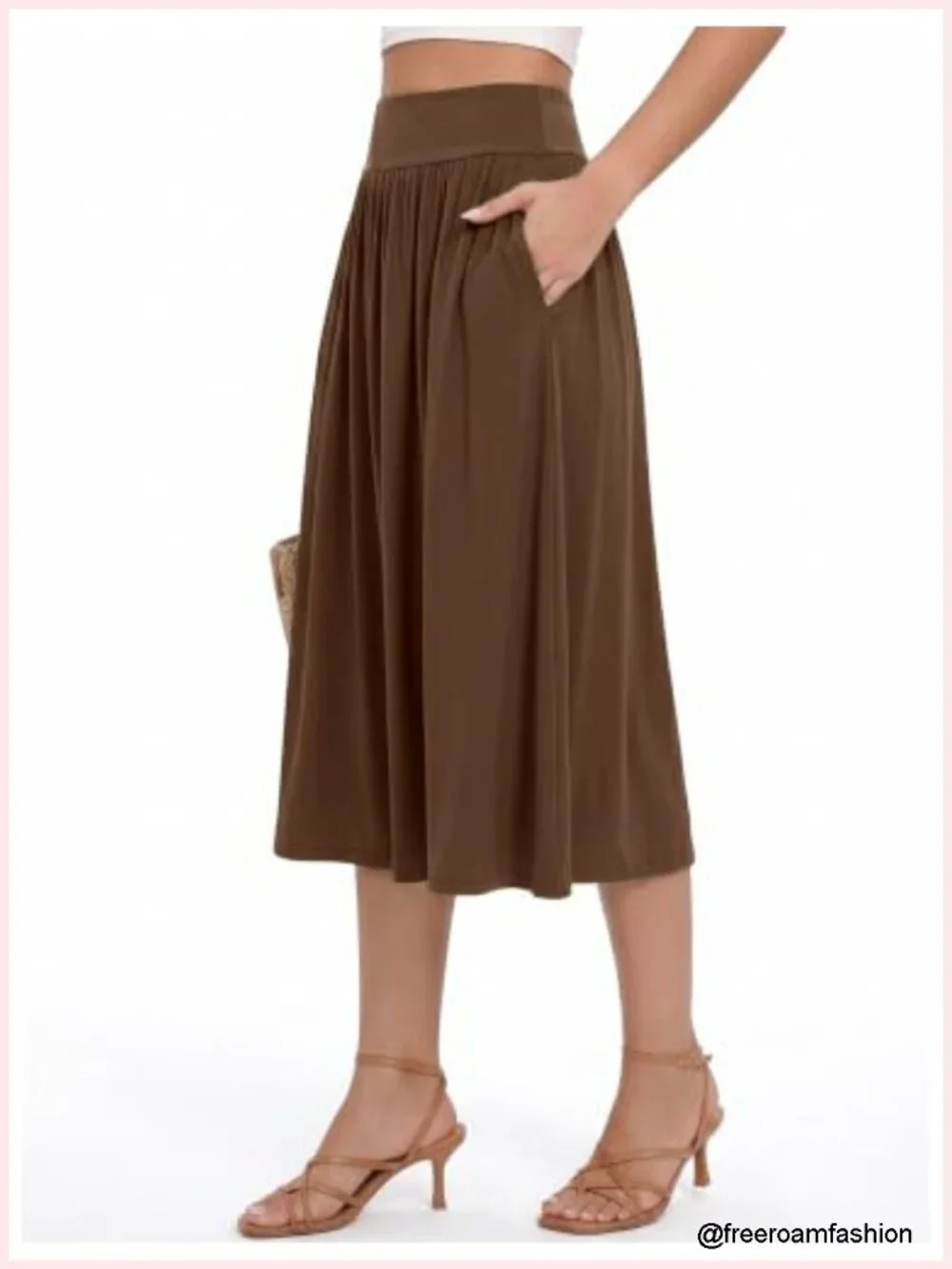 Wide Waistband Midi Skirt with Pockets Pull On A-Line